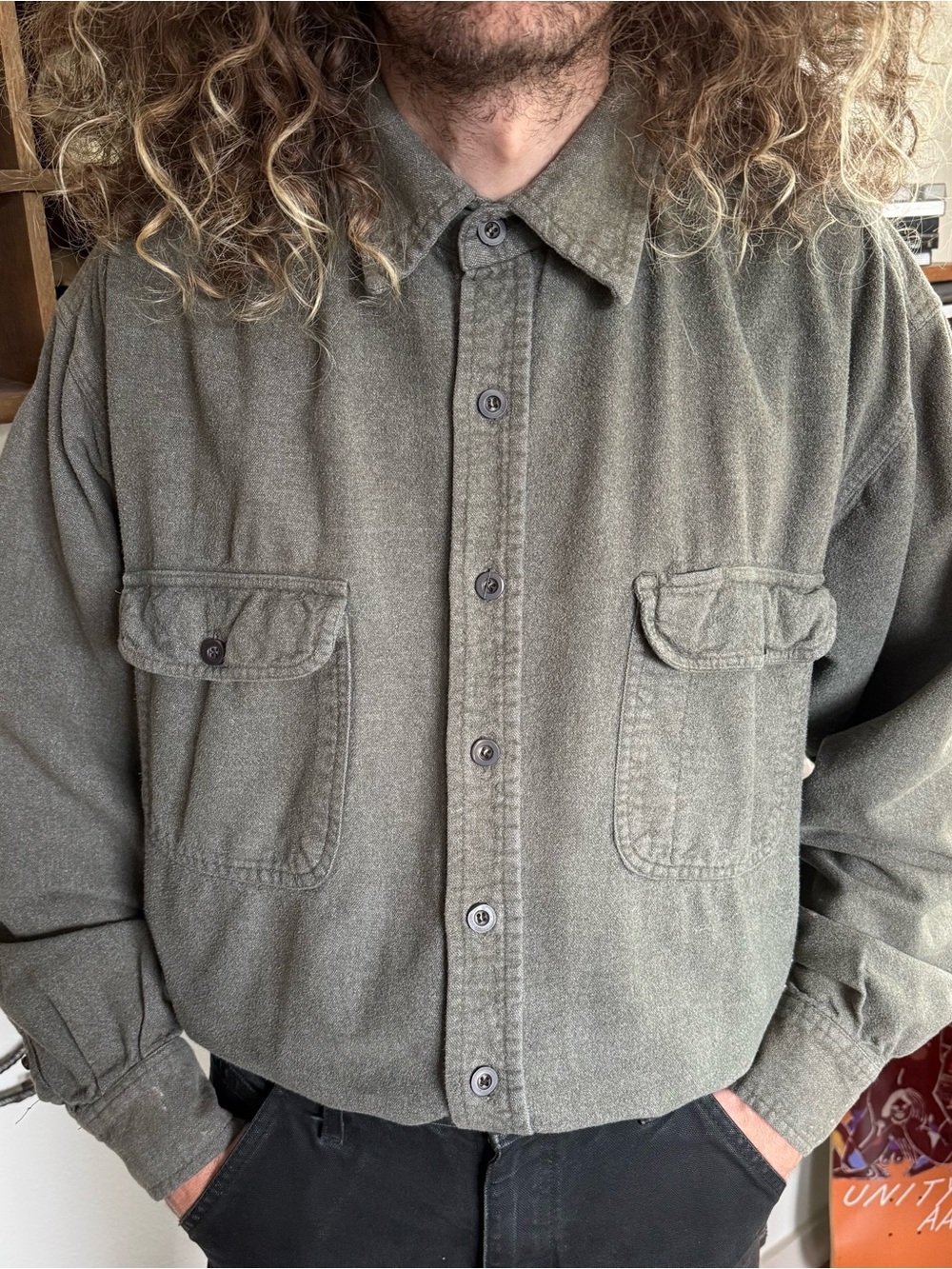 Vintage 2000s Olive Green Chamois Button Down Work Shirt ~ 2XT